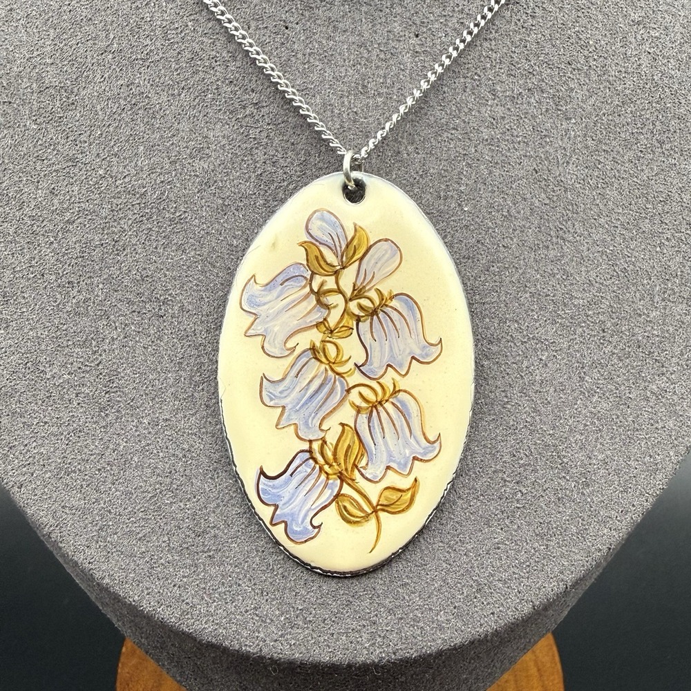 Vintage Hand Painted Enamel Blue Bellflower Floral Pendant Necklace Romantic MCM